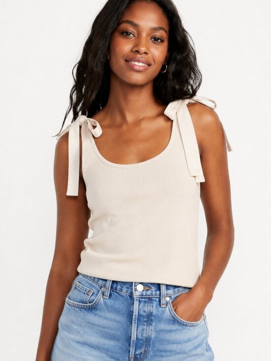 a new day Tops - A New Day Cream Bow Shoulder Ribbed Tank Top Large Scoop Neck NWT
